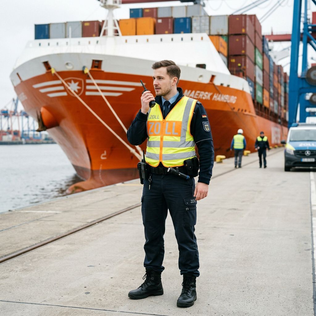 Zollbeamter mit Walky Takly steht am Hafen vor einem Großen Transportschiff