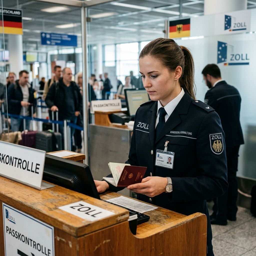 Zollbeamtin an einem Zollschalter arbeitet
