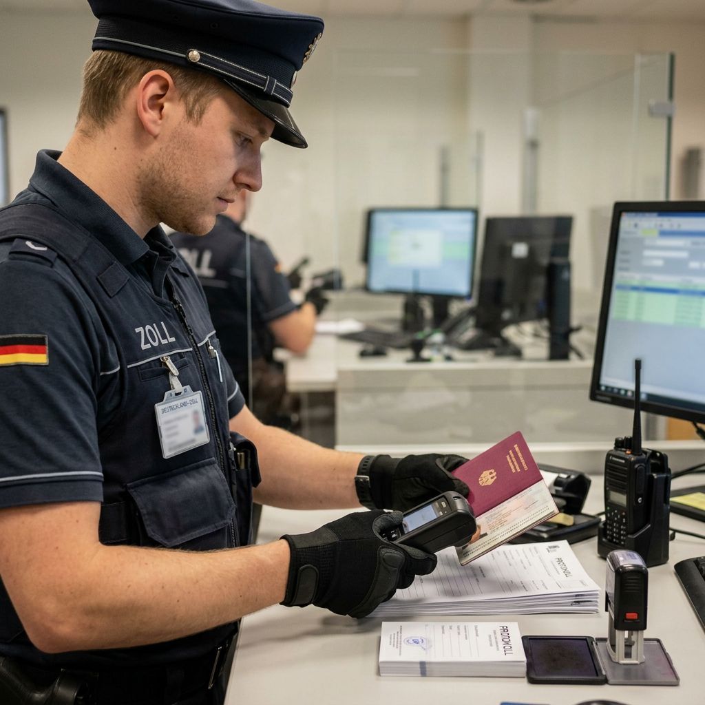 Zollbeamter kontrolliert Reisepass an der Zollkontrolle am Flughafen