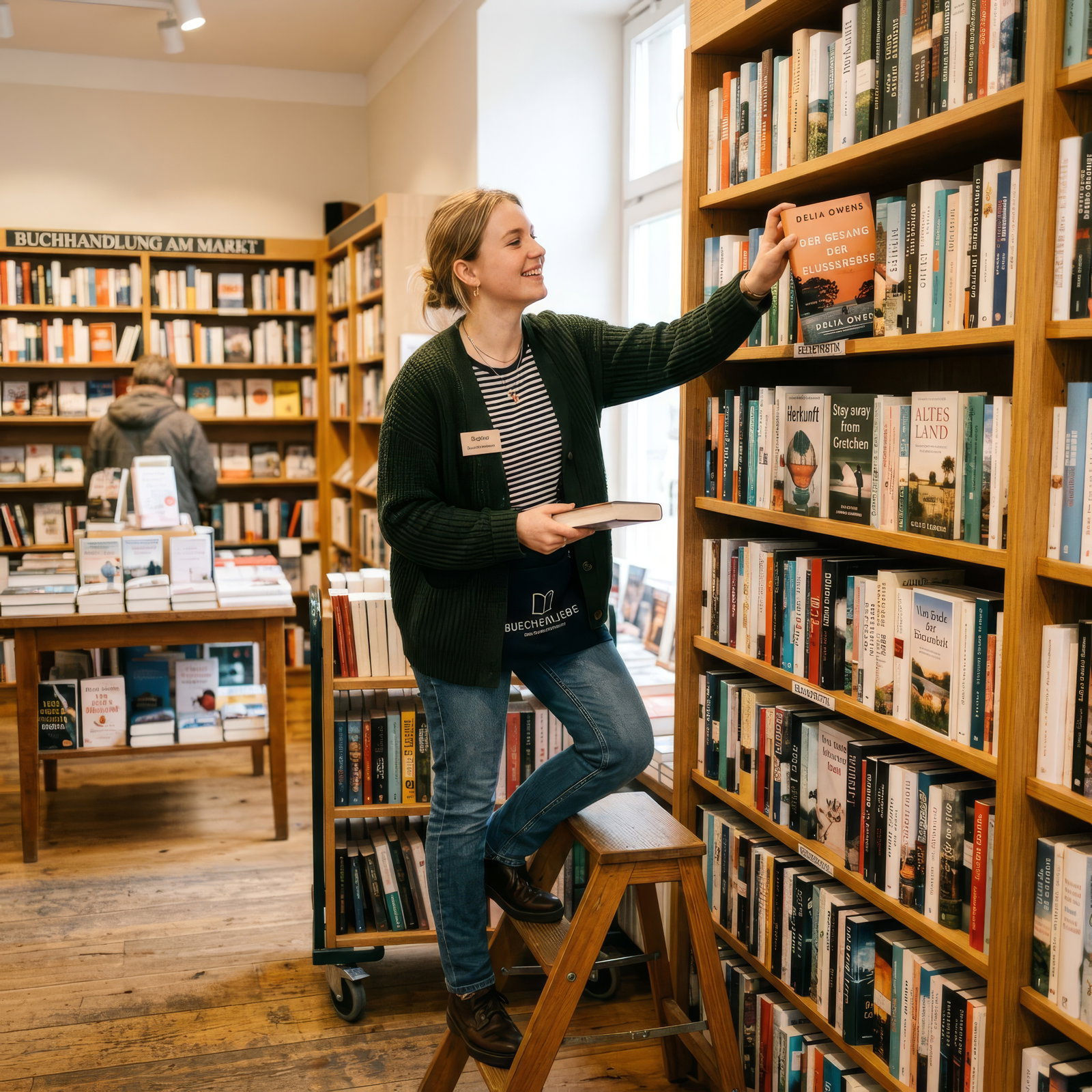 Buchhändlerin räumt Regale ein 