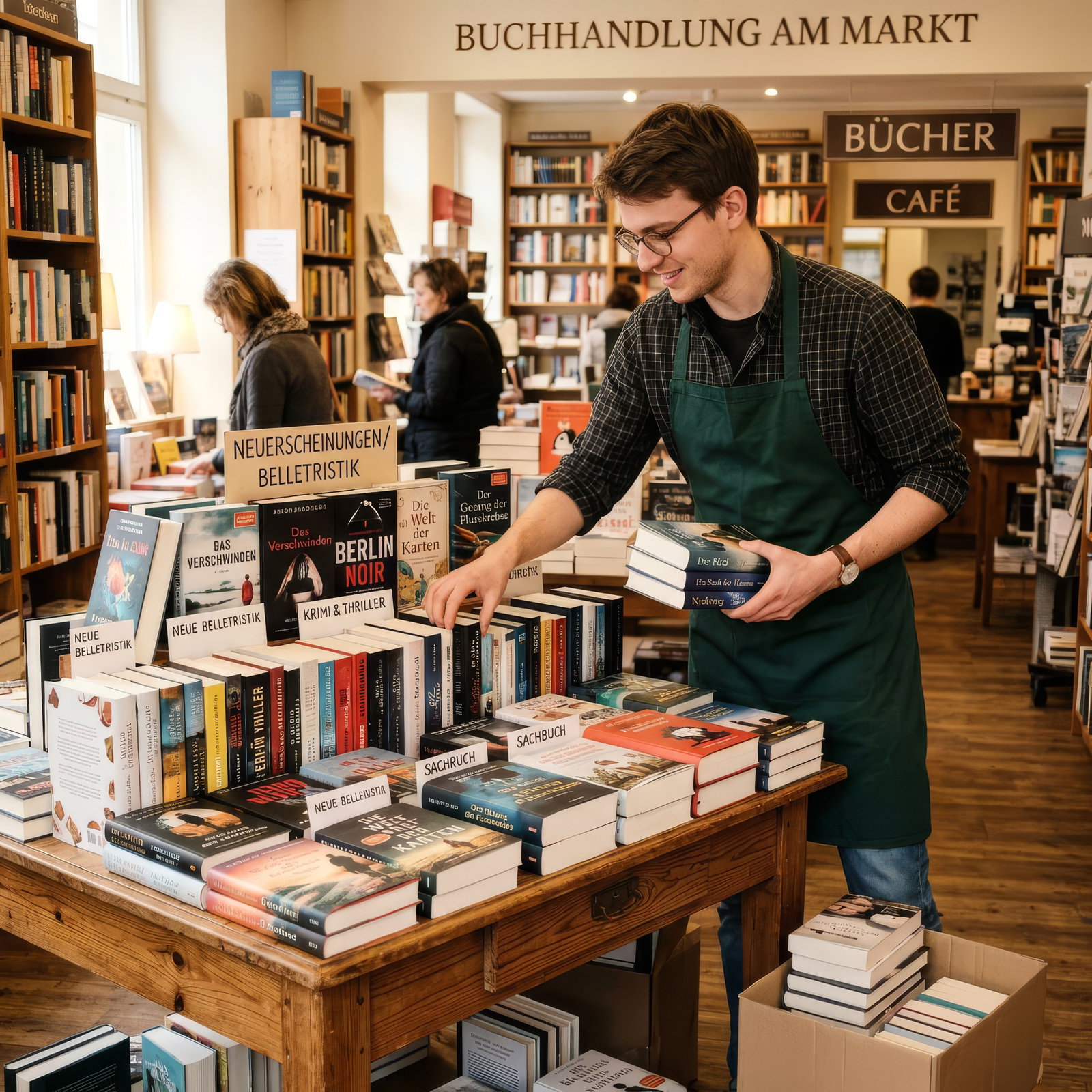 Buchhändler räumt Tisch auf und sortiert Bücher