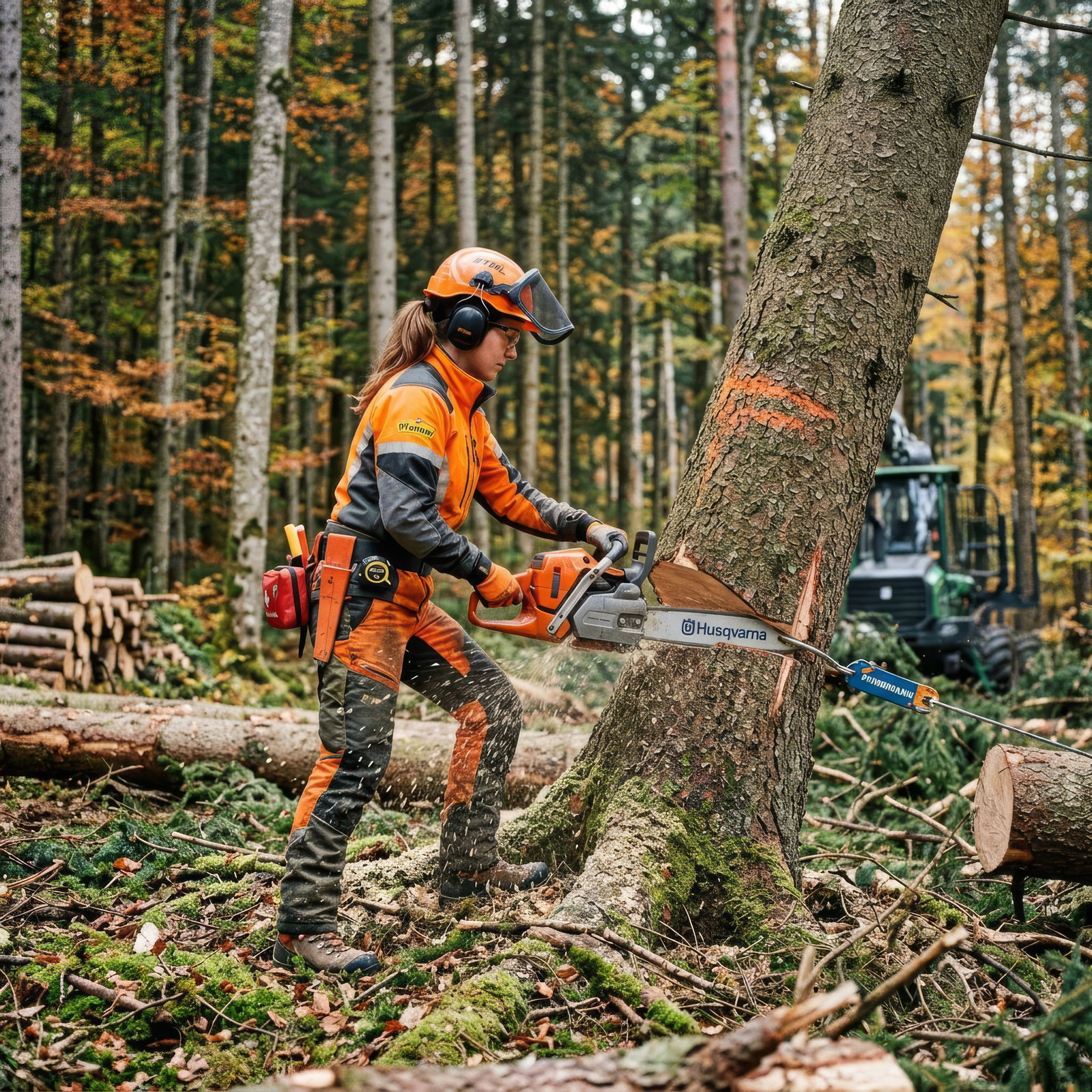 Forstwirtin sägt Baum mit Kreissäge und trägt orangene Schutzkleidung