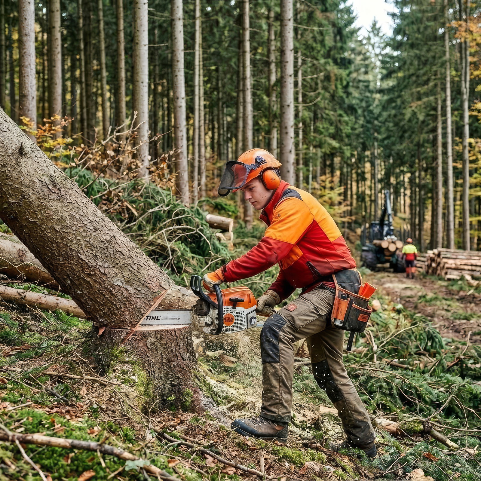 Forstwirt sägt Baum mit Kreissäge und trägt Schutzkleidung