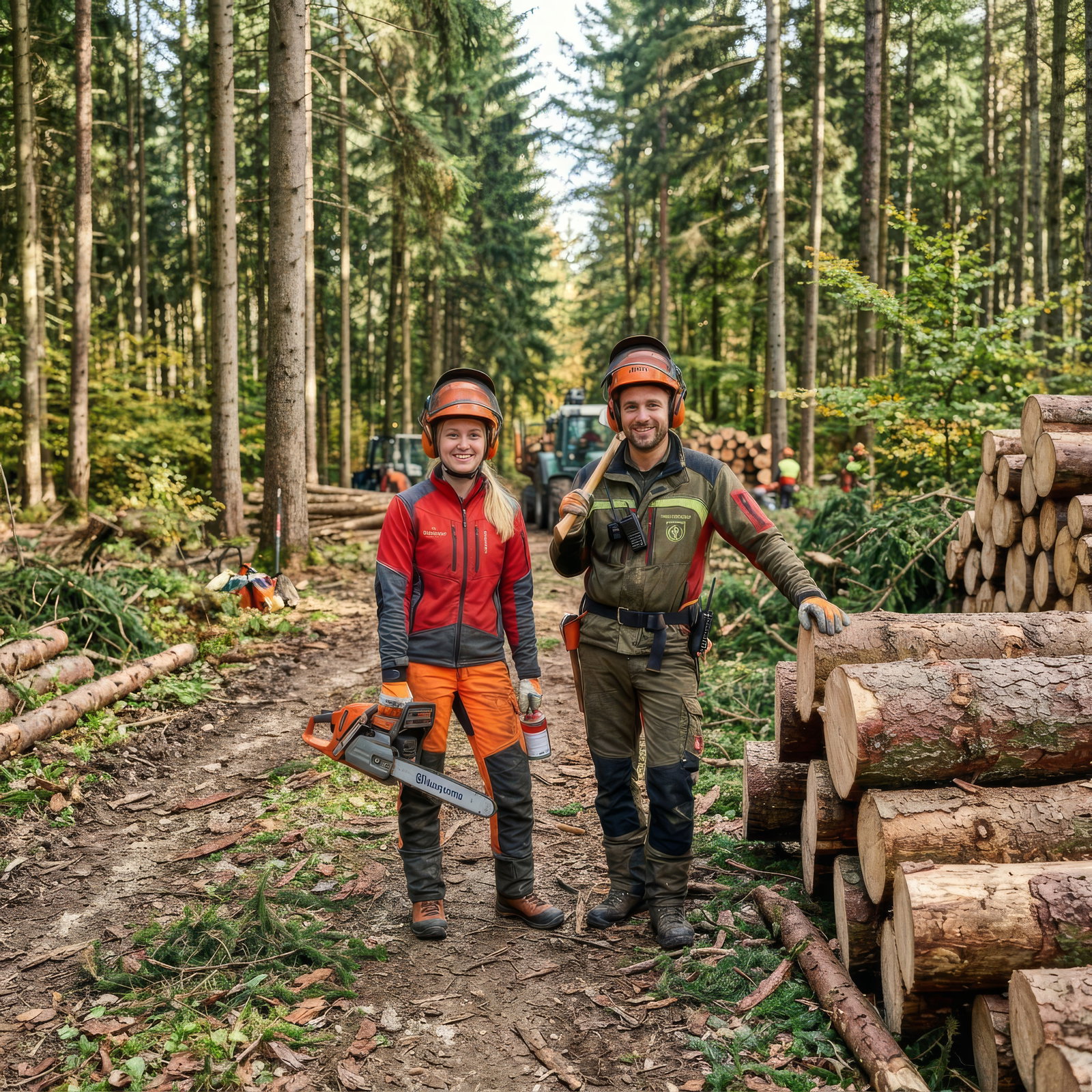 Zwei Forstwirte, eine Frau und ein Mann stehen in Arbeitskleidung im Wald neben Stapel von Baumstämmen