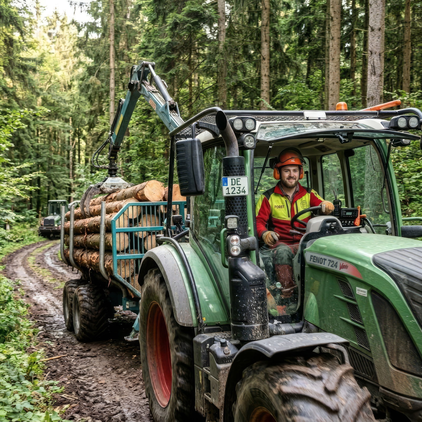 Forstwirt fährt Traktor und transportiert Baumstämme
