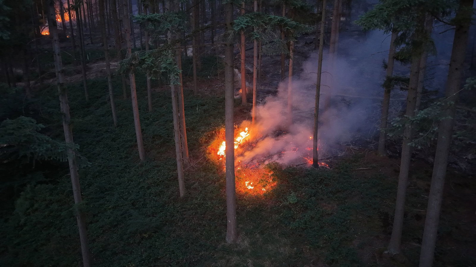In der Nacht loderten noch Flammen in dem schwer zugänglichen Gebiet. 
