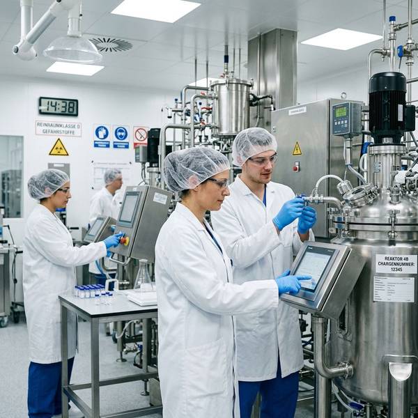 Pharmakanten im Labor neben Gerät tragen Sicherheitskleidung