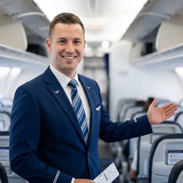 Flugbegleiter zeigt Sitzplatz im Flugzeug und schaut in die Kamera