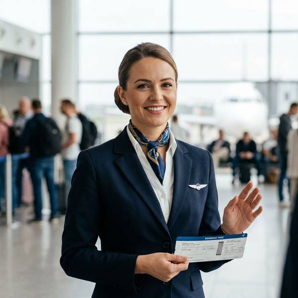 Flugbegleiterin checkt Flugticket und schaut in die Kamera