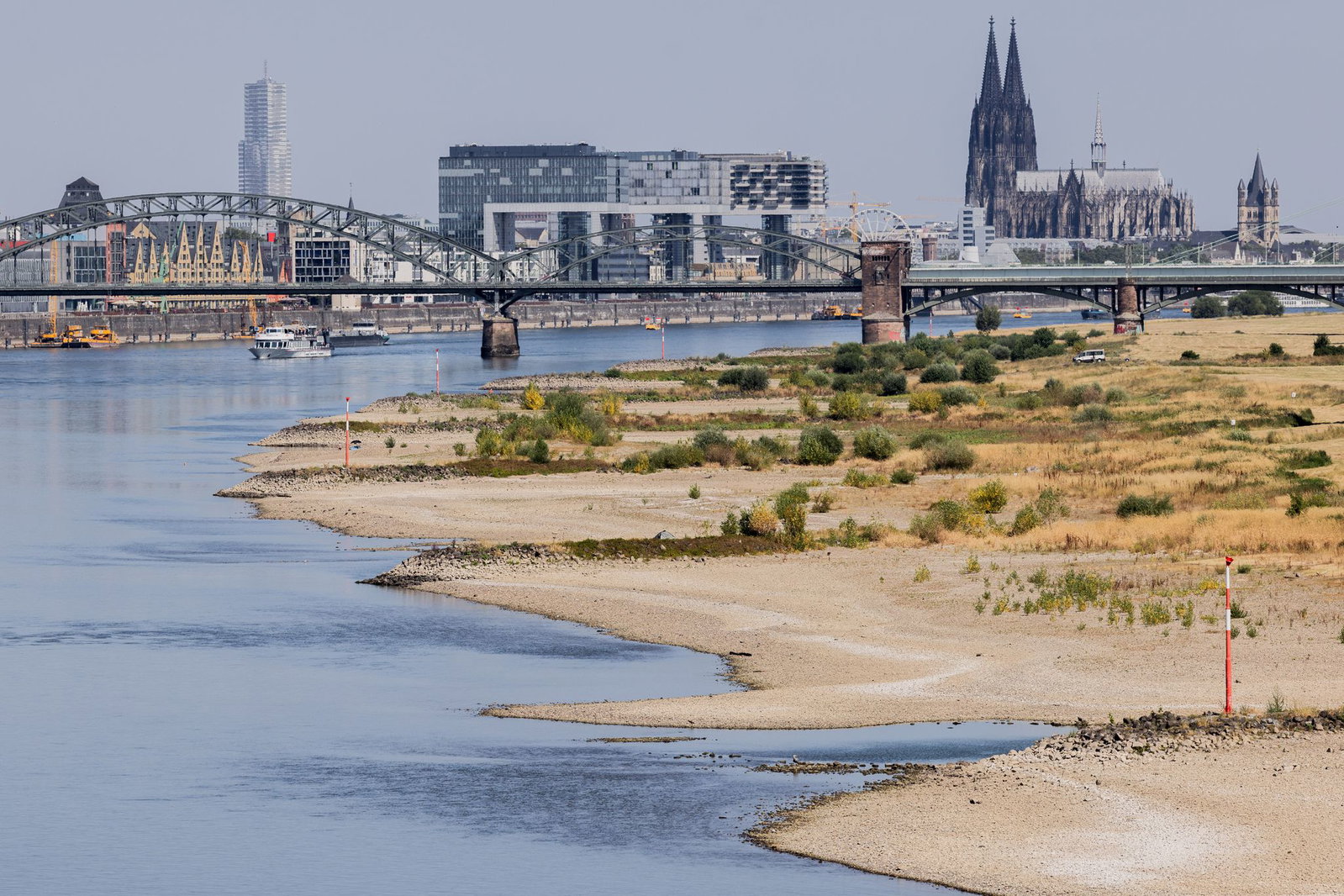Die Rheinpegelstände sind auch flussabwärts niedrig - etwa in Köln in Nordrhein-Westfalen.