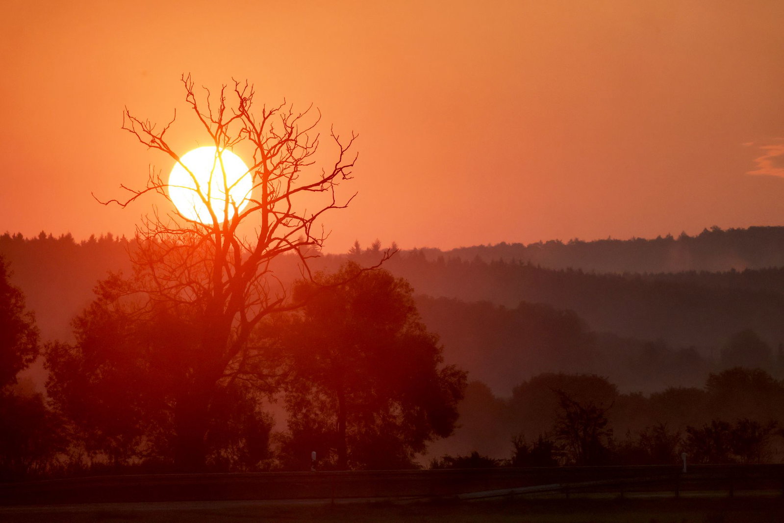 Die aufgehende Sonne färbt den Himmel am Morgen rot.
