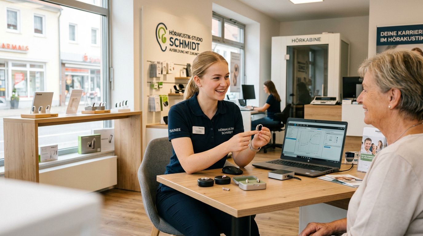 Hörakustikerin sitzt in einer Praxis am Tisch und berät eine ältere Kundin
