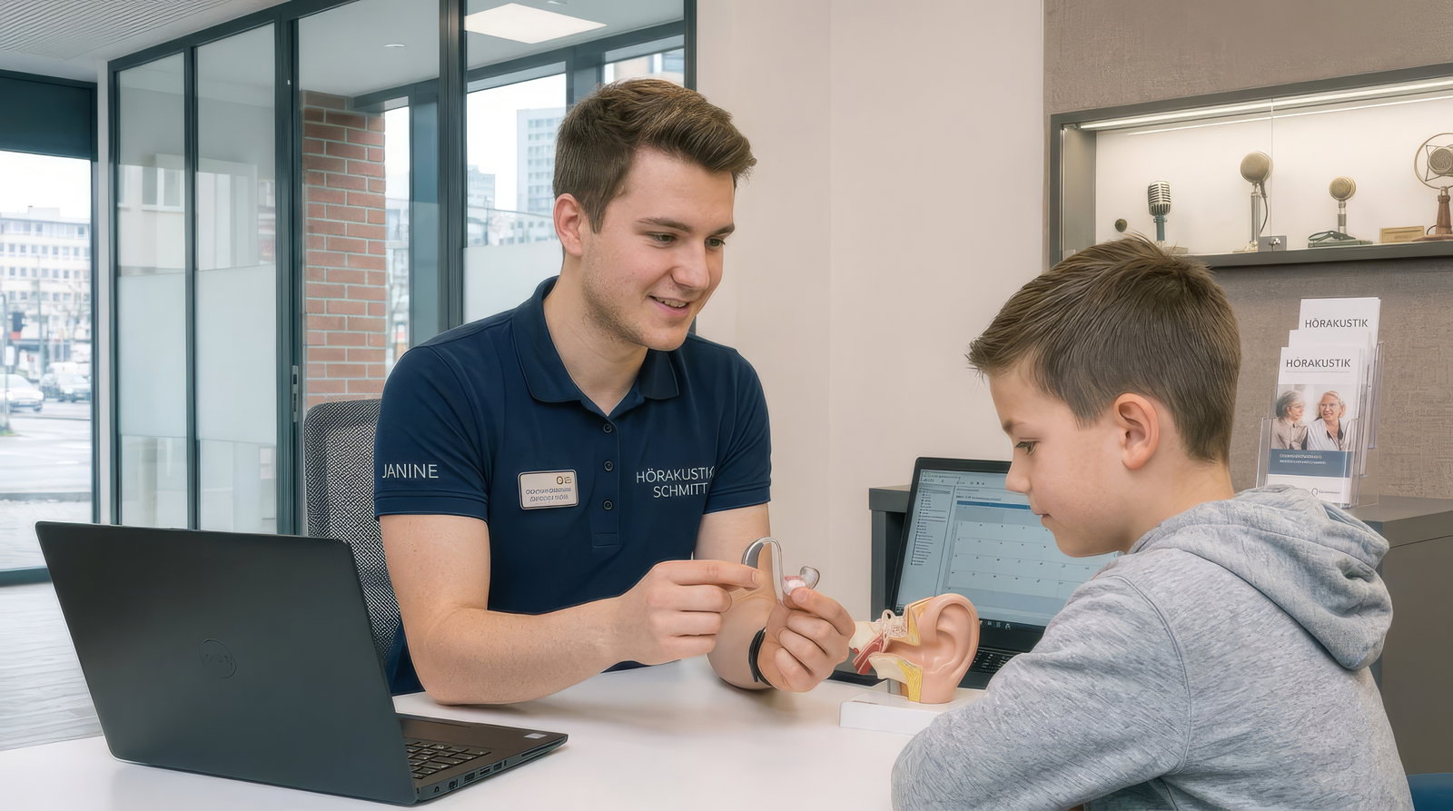 Hörakustiker erklärt einem Kind das Hörgerät, das er in der Hand hält