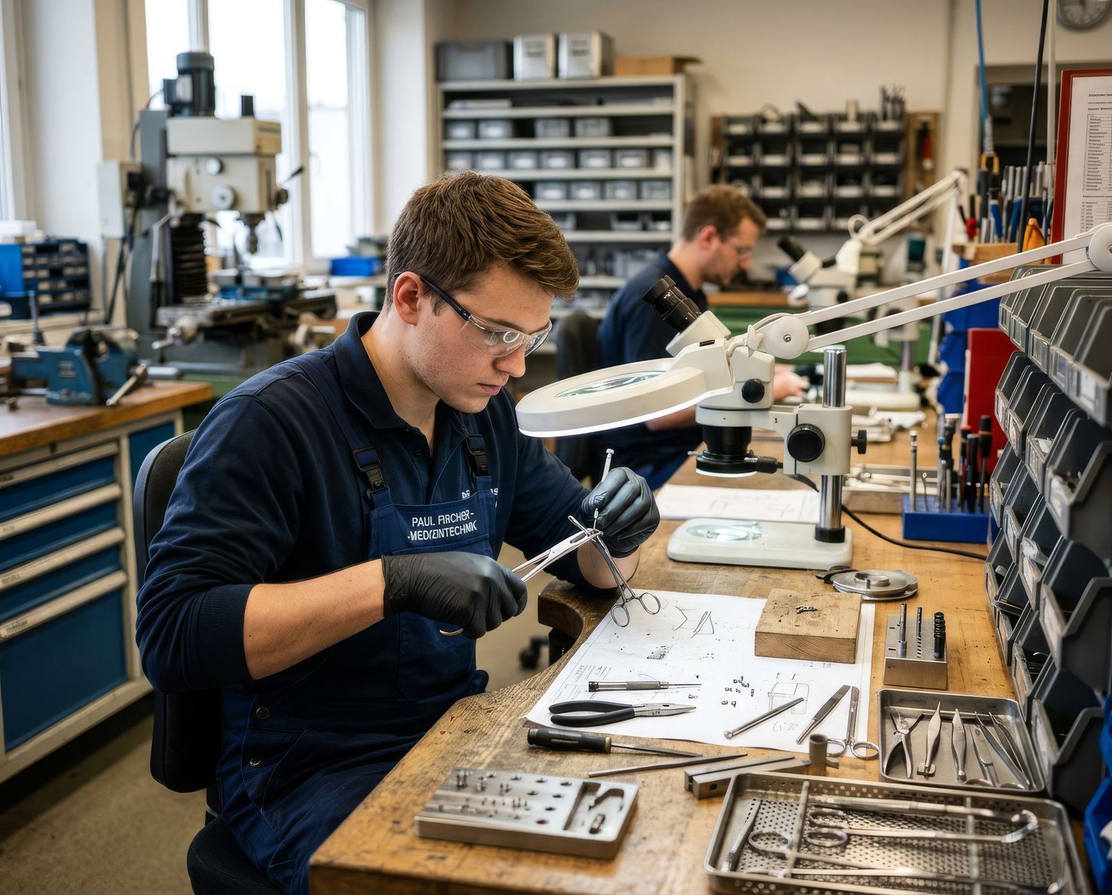 Chirurgiemechaniker arbeite an Werkbank und trägt Schutzbrille