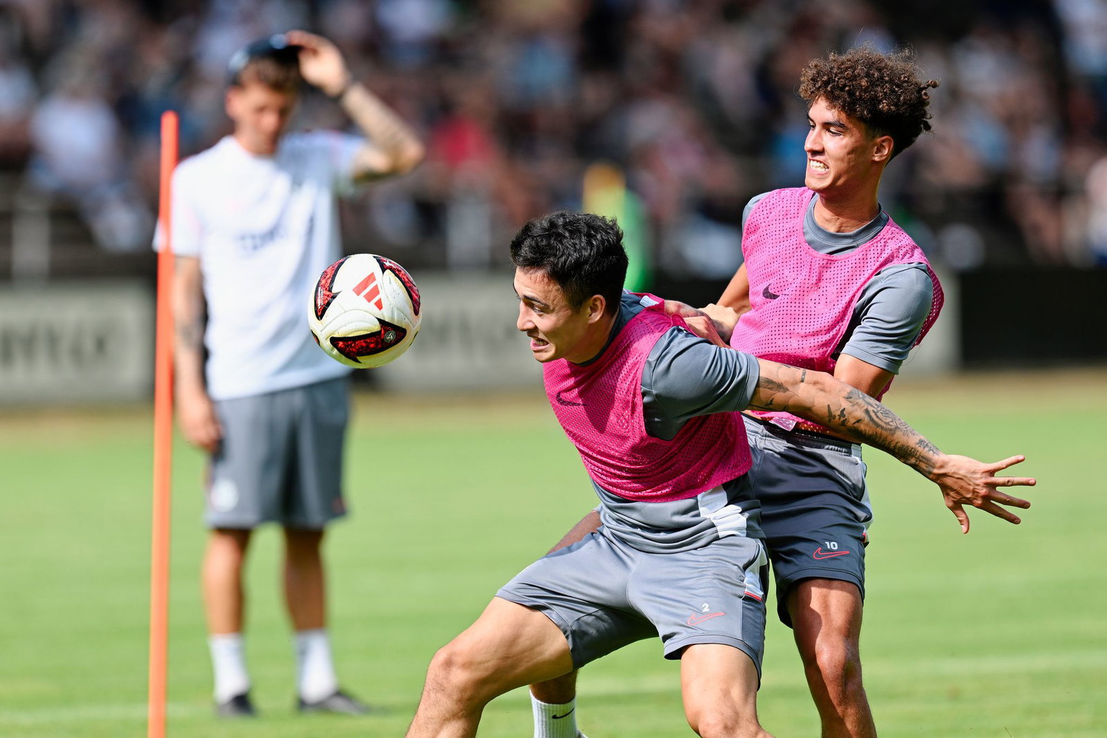 Nicholas Mickelson (l) und Noah Darvich kämpfen um den Ball.