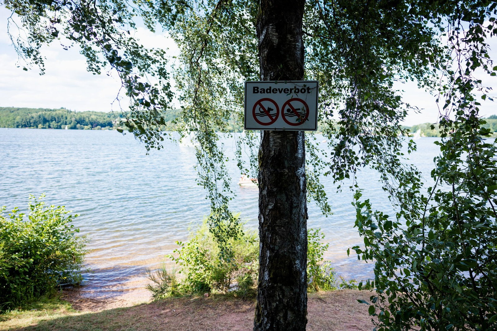 Ein Schild weist auf das Badeverbot in dem gekennzeichneten Bereich hin. Schwimmen ist am Bostalsee nicht überall erlaubt.