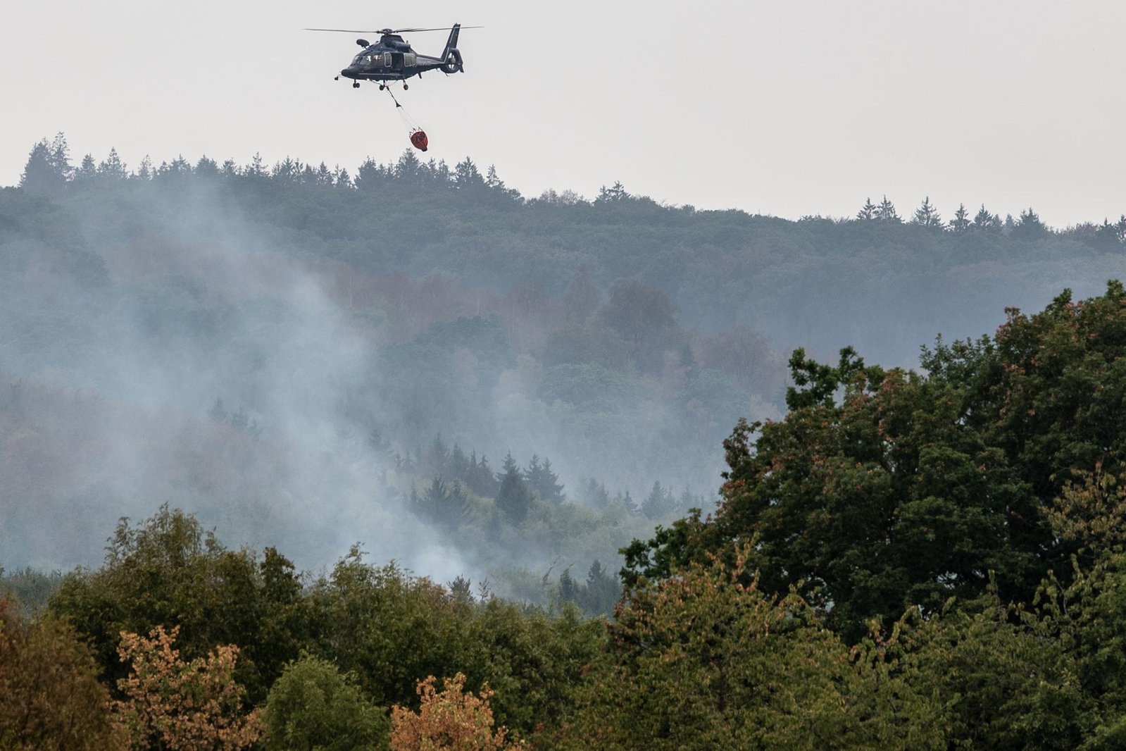 Löscharbeiten in Hürtgenwald. Die Lage hat sich leicht entspannt, die Löscharbeiten gehen aber weiter.