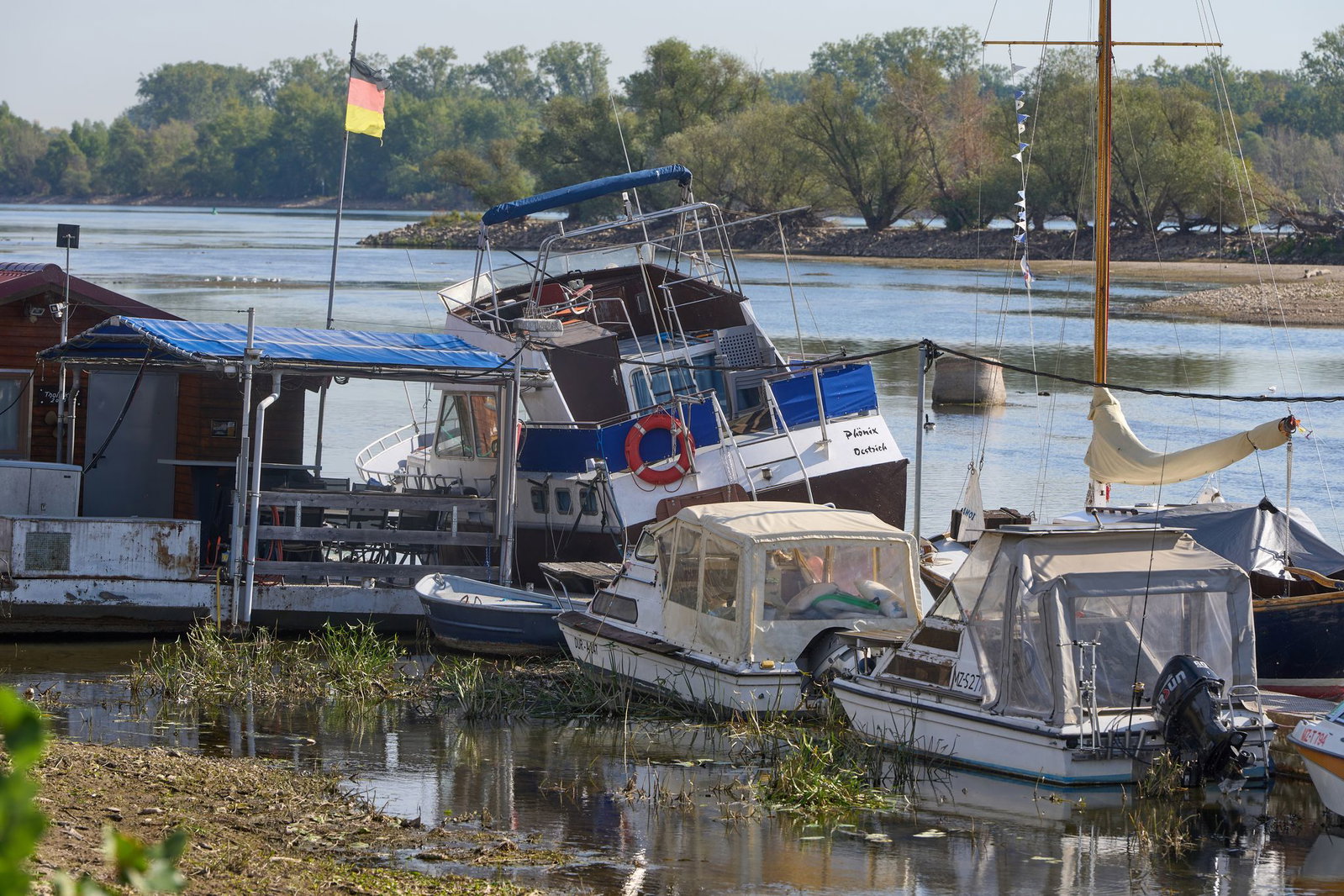 Zu wenig Wasser: Bei Oestrich-Winkel im hessischen Rheingau liegen Sportboote auf dem Grund des Rheins. 