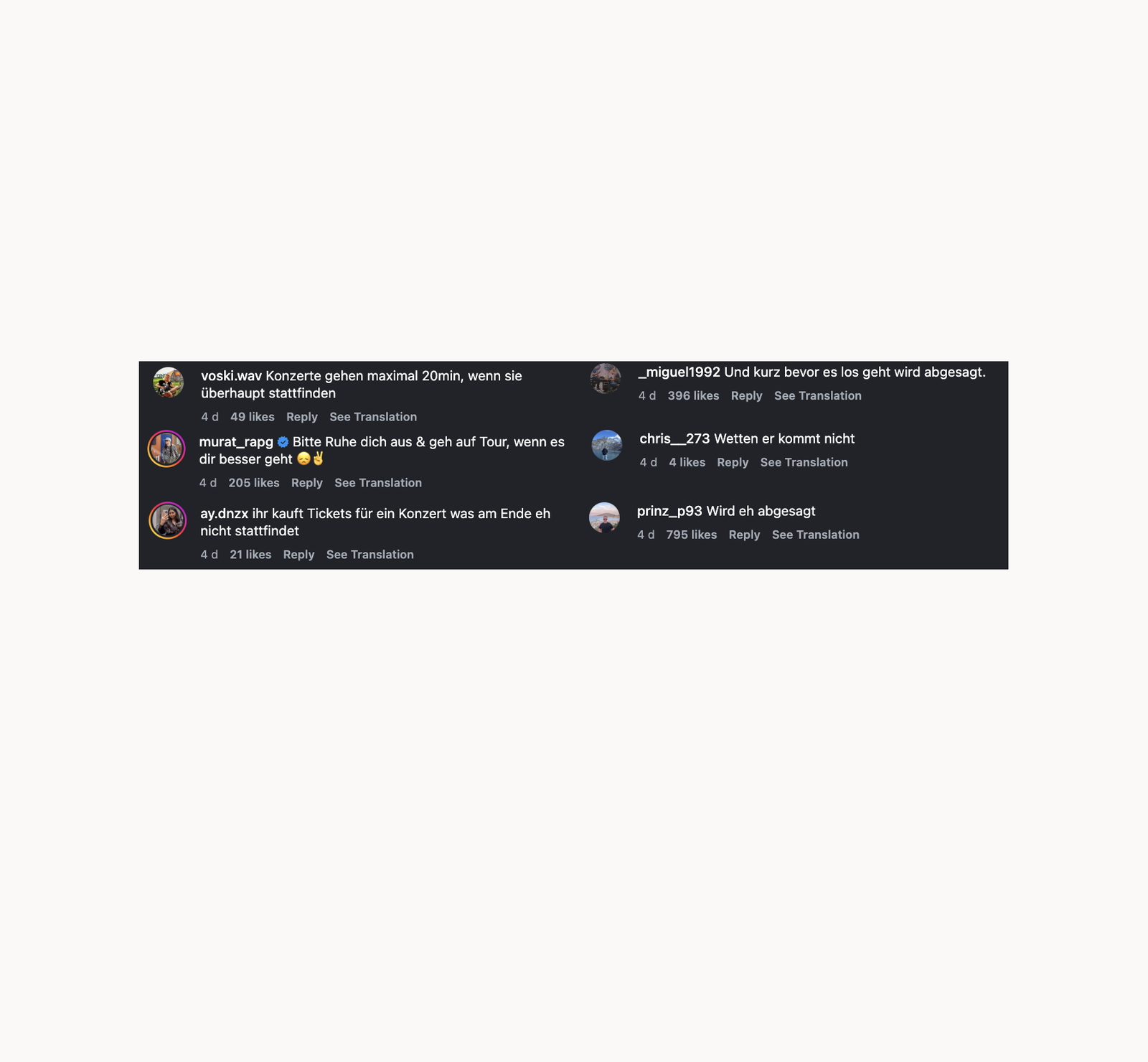Haftbefehl Kommentarfeld Instagram Konzert