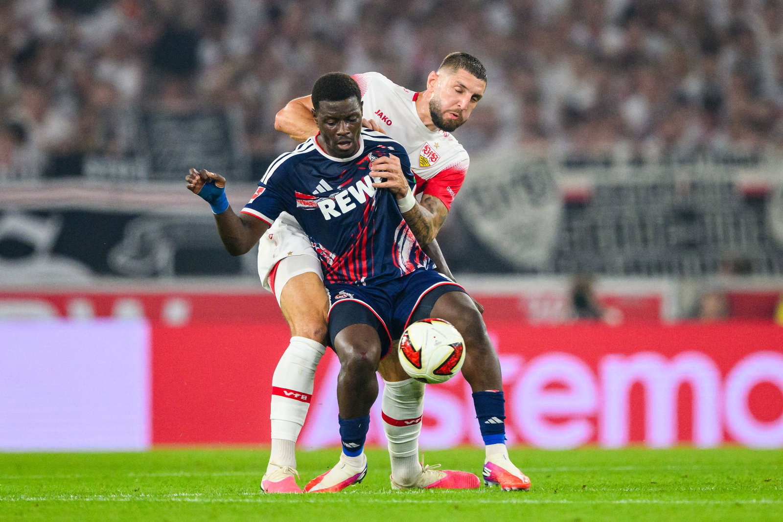 Jeff Chabot (hinten) und der VfB machten mächtig Druck gegen den 1. FC Köln.  