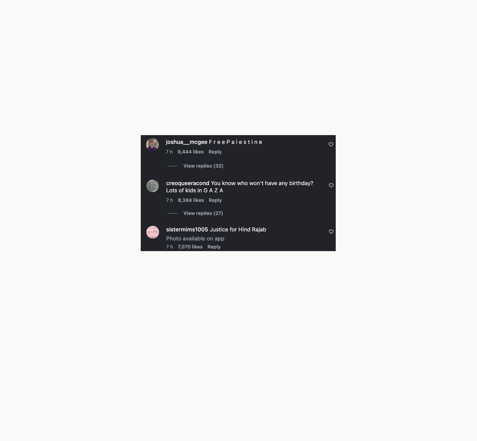 Pink - Instagram Kommentare Gaza