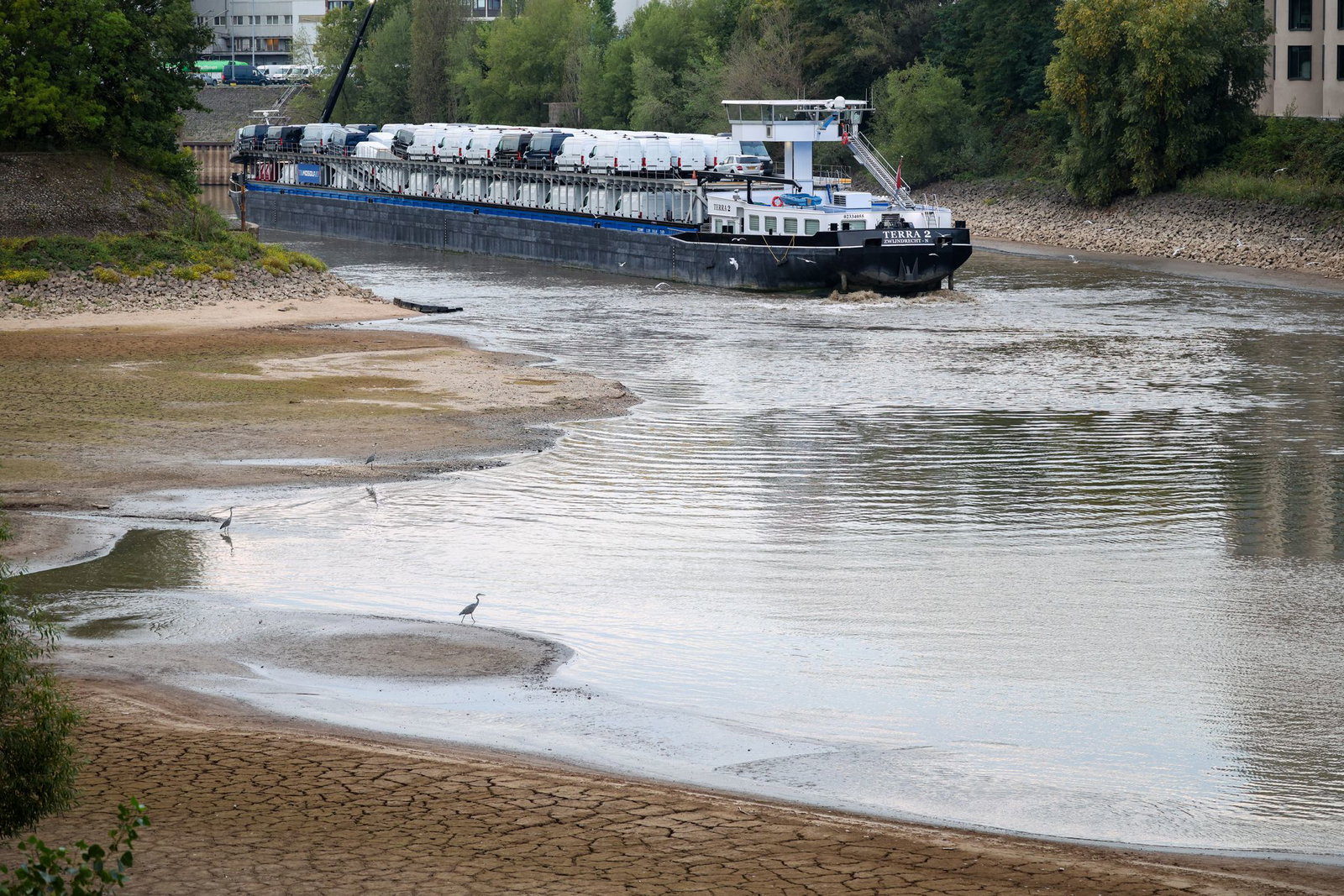 Das mit Transportern beladene Frachtschiff auf der Sandbank am Montag - einen Tag später kam es frei und ein Teil der Transporter wurde entladen.