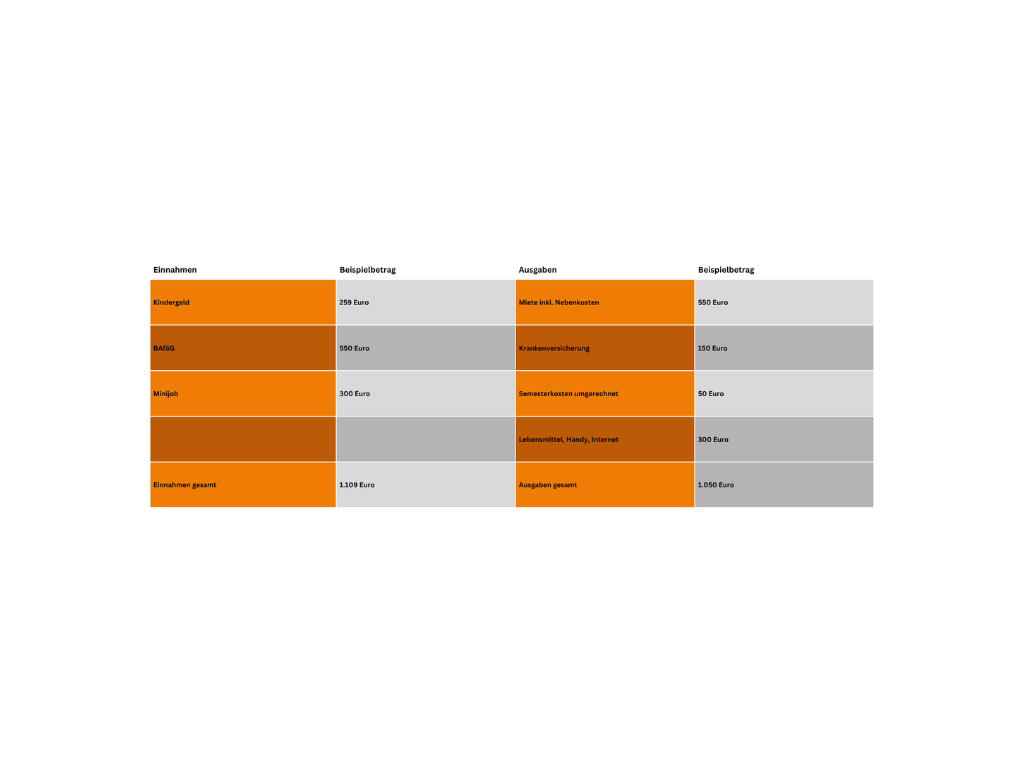 Tabelle mit Einnahmen; Beispielbetrag, Ausgaben; Beispielbetrag