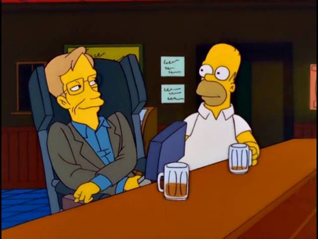 Homer Simpson having a beer with Stephen Hawking