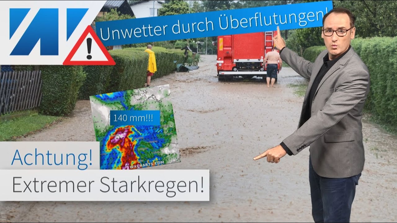 Unwetterwarnstufe dunkelrot! Jetzt säuft der Westen ab: 140 mm Regen! Rheinhochwasser. Gewitter.